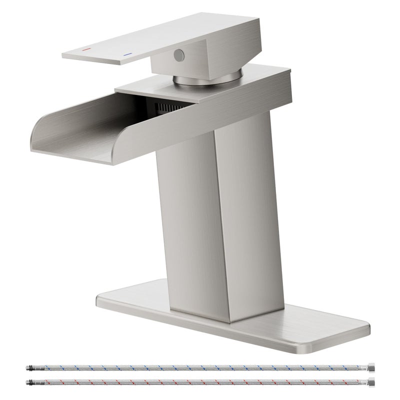 BATHLAVISH Waterfall Bathroom Faucet, Brushed Nickel Modern Single Handle Bathroom Faucets for 1 or 3 Hole Bathroom Sink Faucet Washbasin Faucet Mixer Tap with Deck and Pop-up Drain - Image 1
